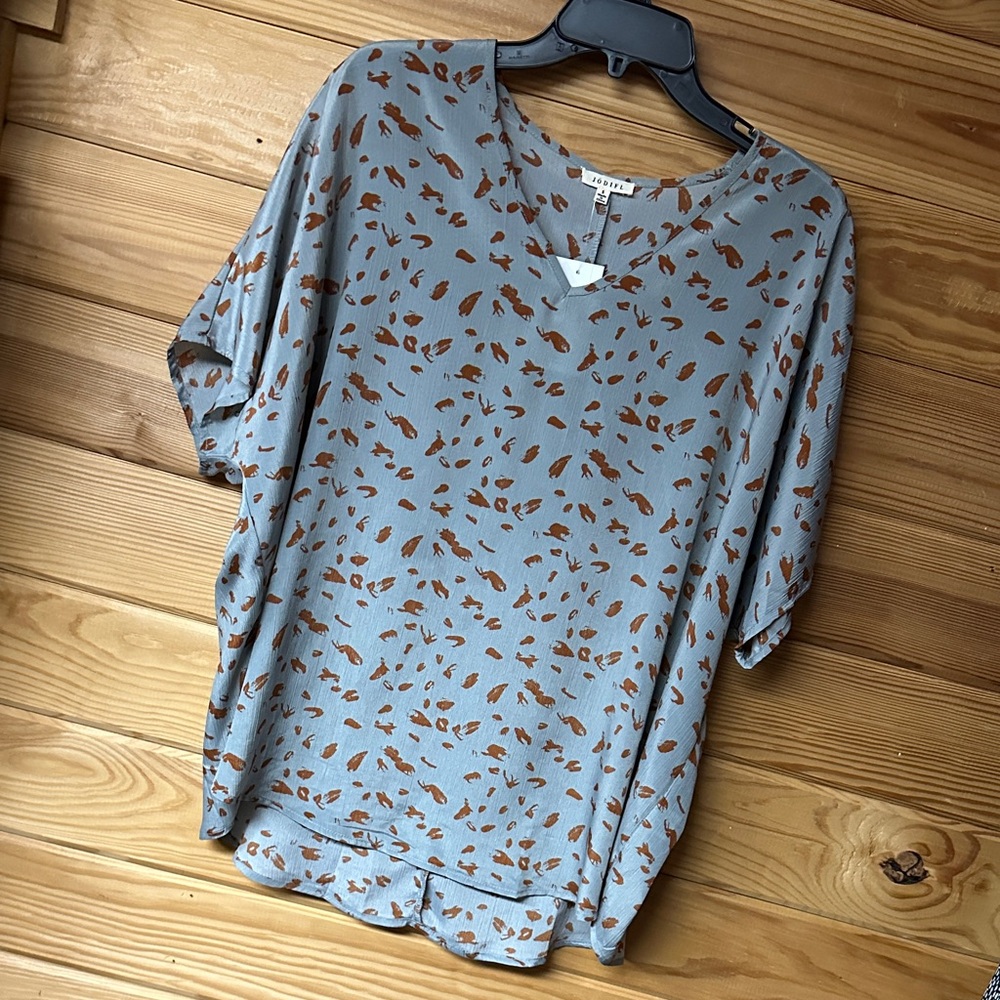 Jodifl Stylish Gray and Brown Women's Short Sleeve Top Size S